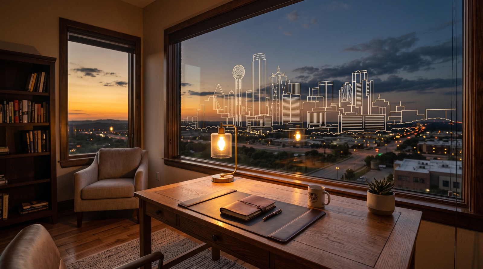 Warm office at dusk with a Dallas skyline line illustration across the window and a North Texas coffee mug on the desk